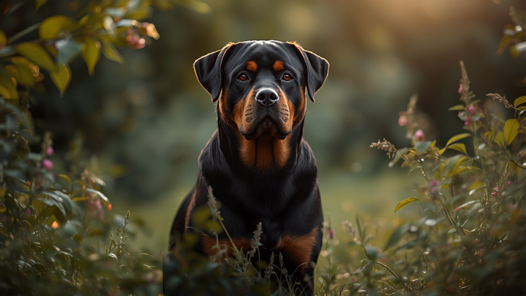 Ruhiger Rottweiler sitzt aufmerksam im Garten bei warmem Licht
