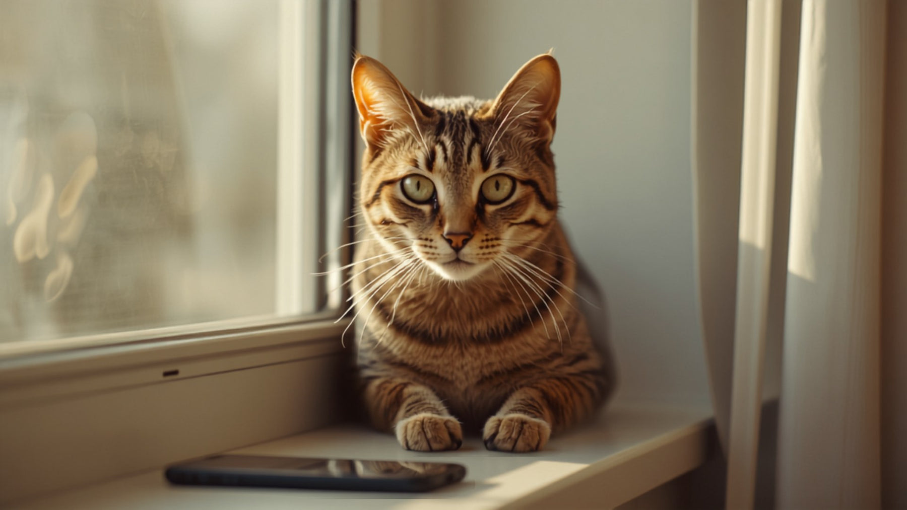 Getigerte Katze auf der Fensterbank im Seitenlicht