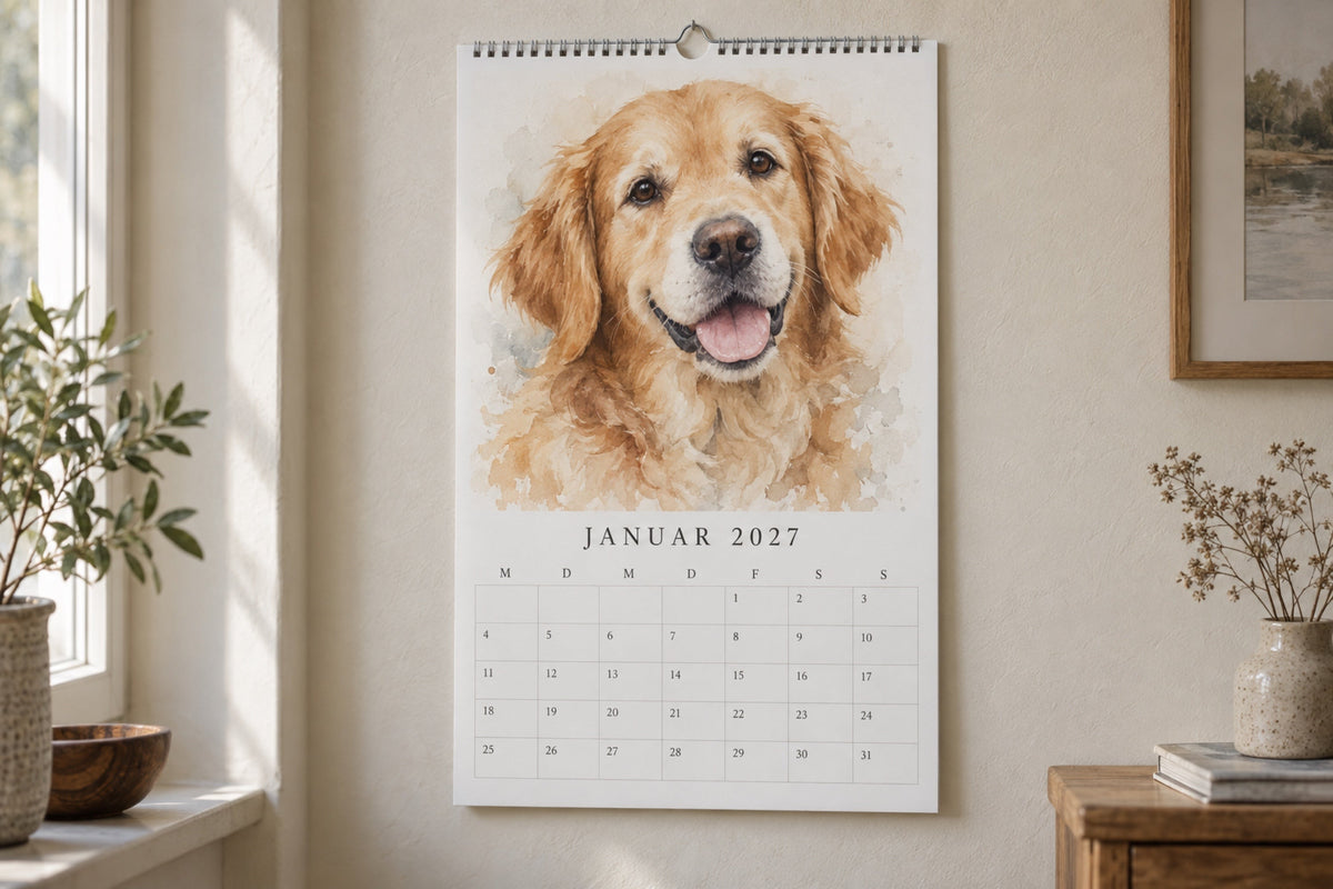 Väggkalender med hundporträtt ovanför ett skrivbord