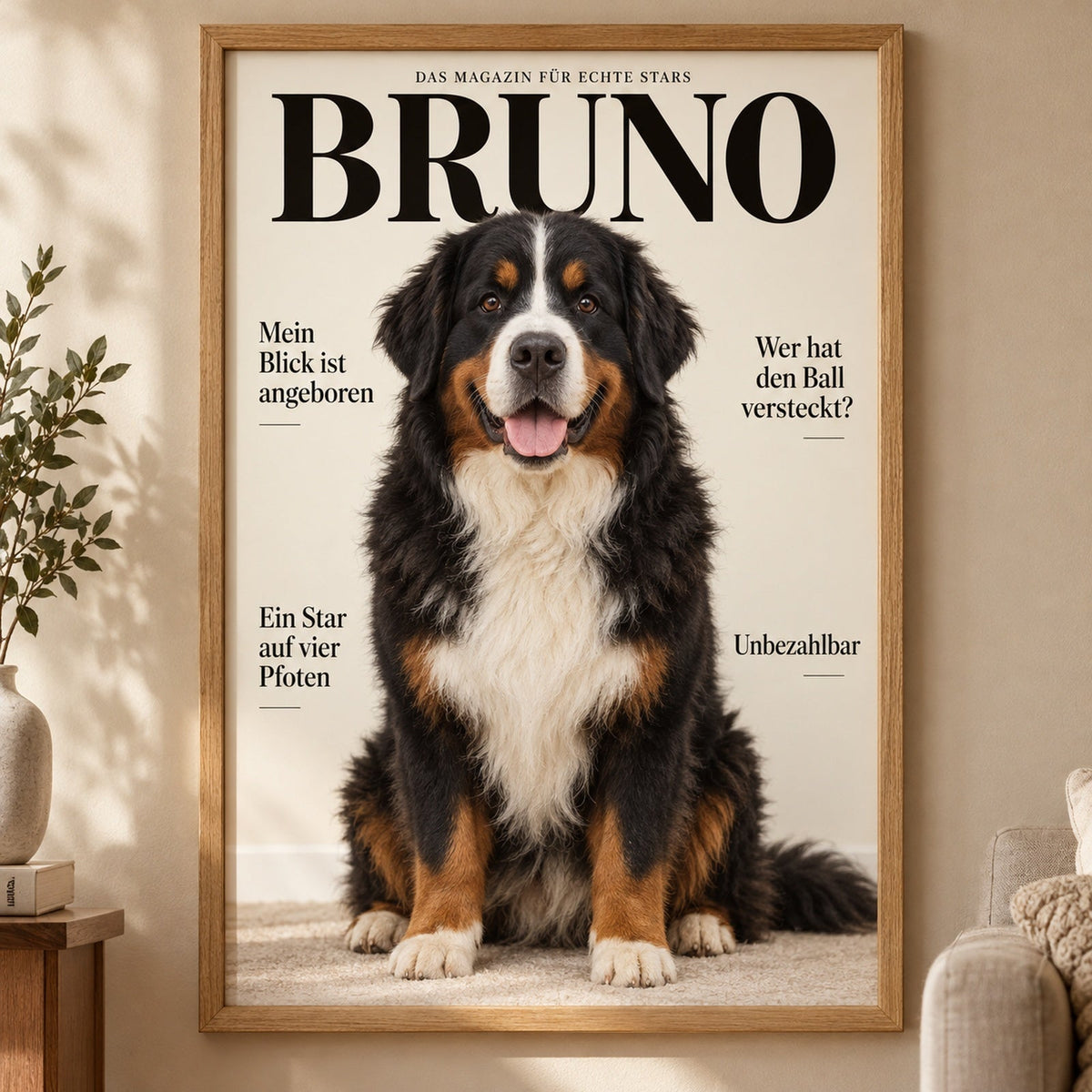 Berner Sennenhund auf einem Magazin-Cover im Holzrahmen