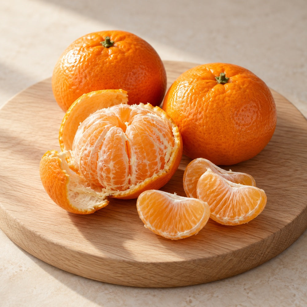 Mandarinen auf einem hellen Holzbrett