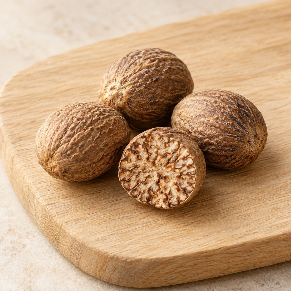 Muskatnuss auf einem hellen Holzbrett