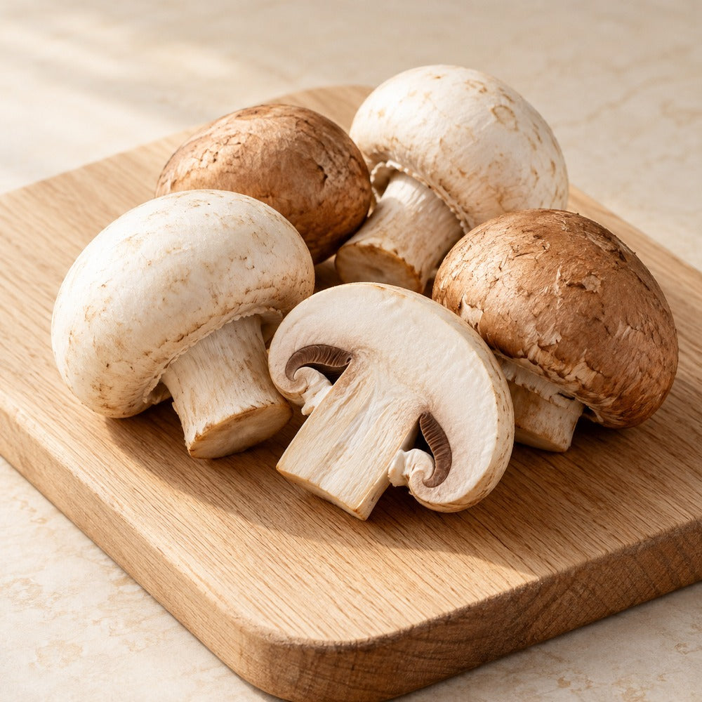 Pilze auf einem hellen Holzbrett
