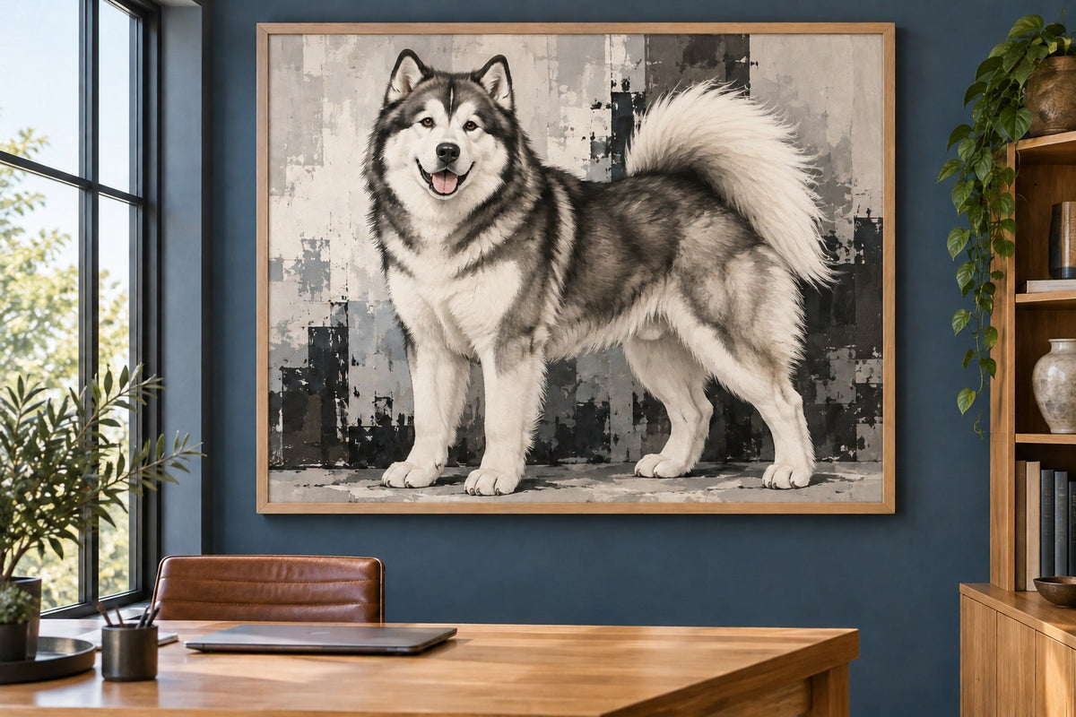 Alaskan Malamute als Wandbild im Stil Pop-Art, Raum: blaues Arbeitszimmer