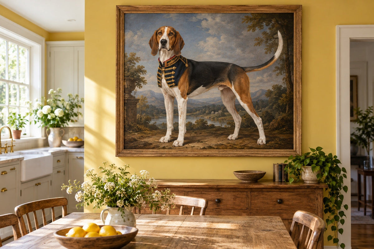 American Foxhound als Wandbild im Stil Royal mit kurzer Uniform, Raum: gelbe Wohnküche