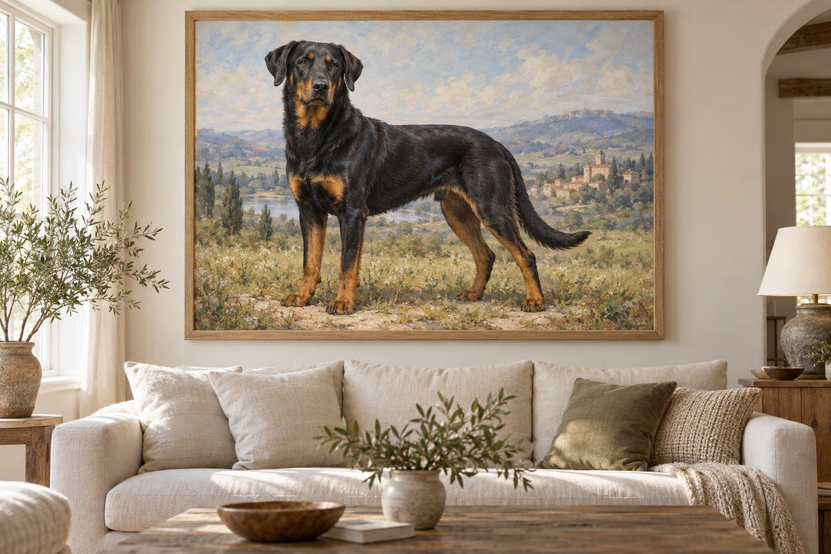 Beauceron als Wandbild im Stil Ölgemälde, Raum: cremefarbenes Wohnzimmer
