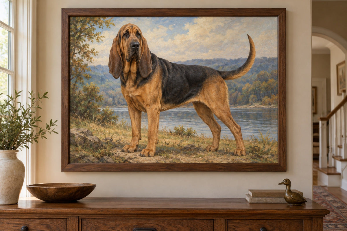 Bluthund als Wandbild im Stil Ölgemälde, Raum: traditioneller Flur