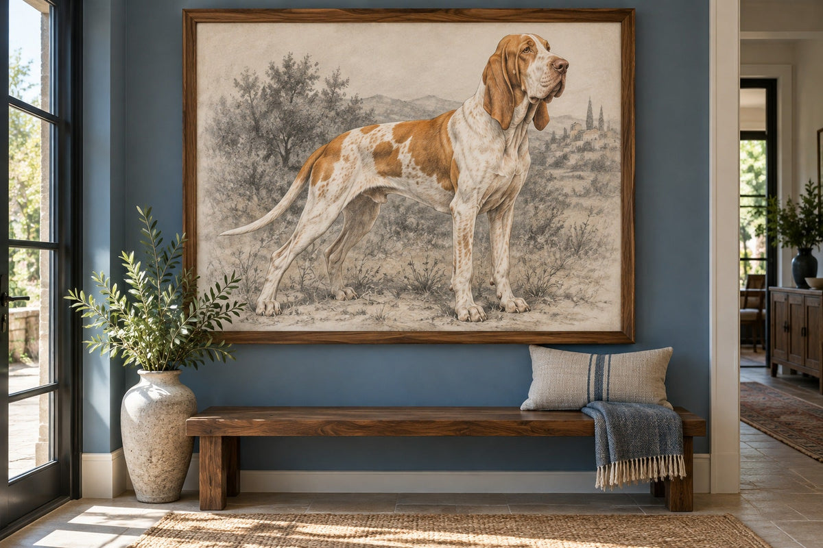 Bracco Italiano als Wandbild im Stil Kohle-Sketch, Raum: blauer Flur