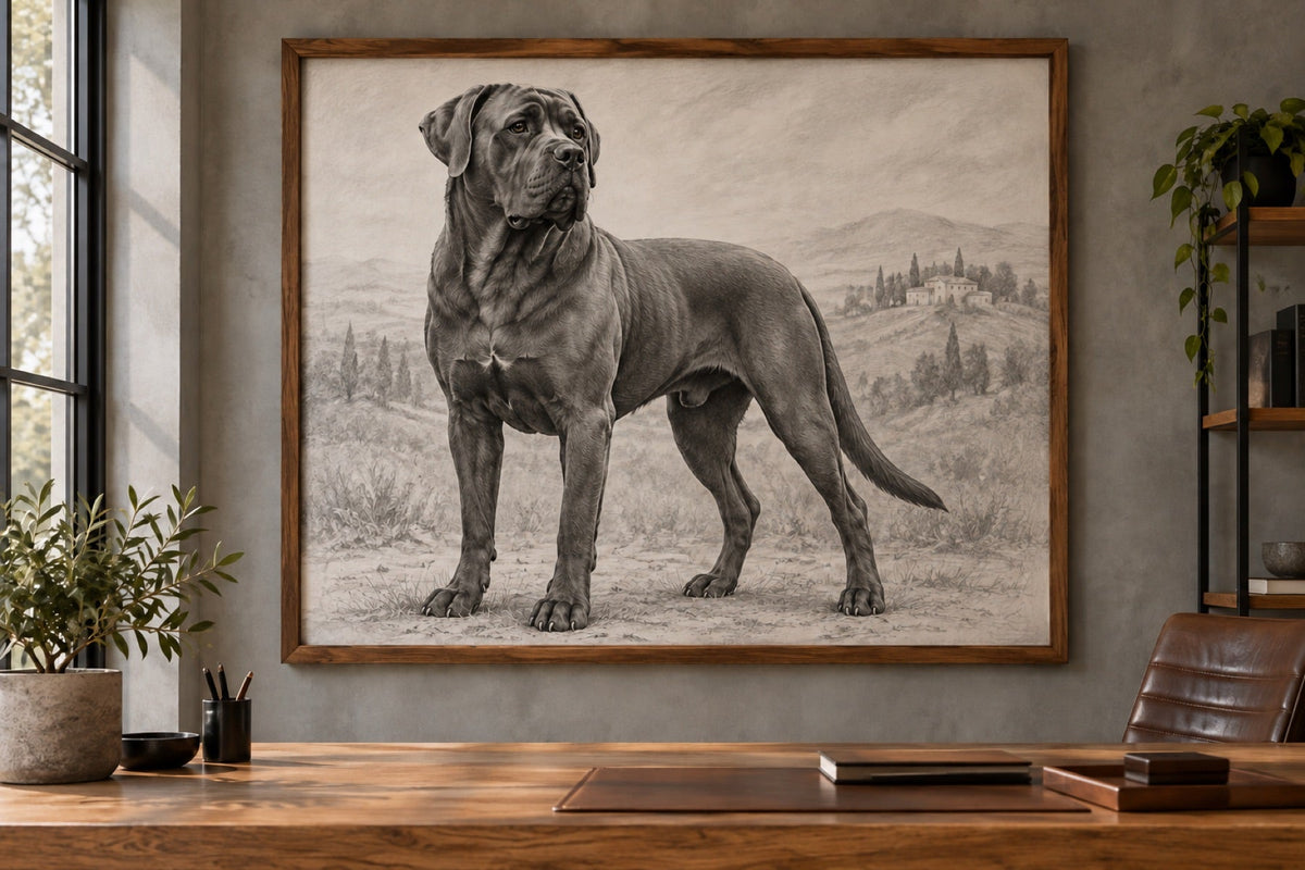 Cane Corso als Wandbild im Stil Kohle-Sketch, Raum: modernes Arbeitszimmer