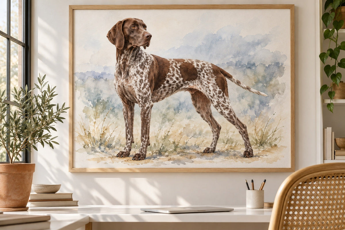 Deutsch Kurzhaar als Wandbild im Stil Aquarell, Raum: helles Homeoffice