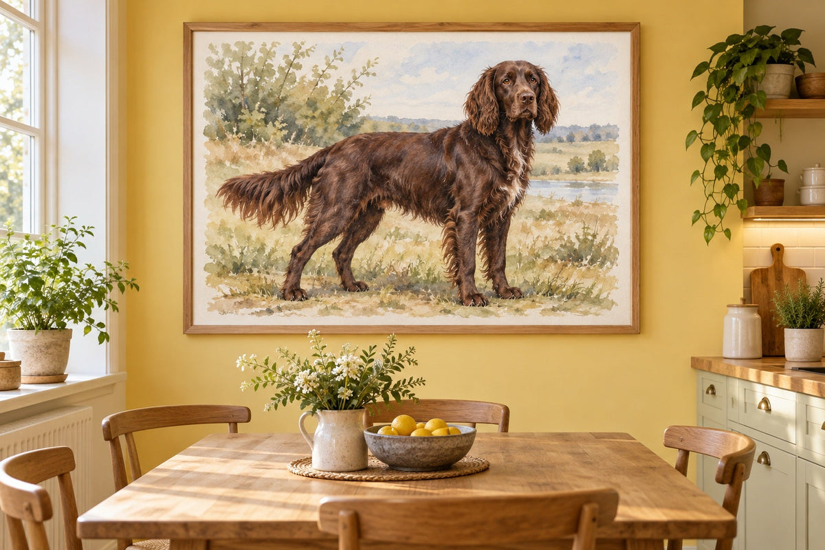 Deutscher Wachtelhund als Wandbild im Stil Aquarell, Raum: gelbe Wohnküche