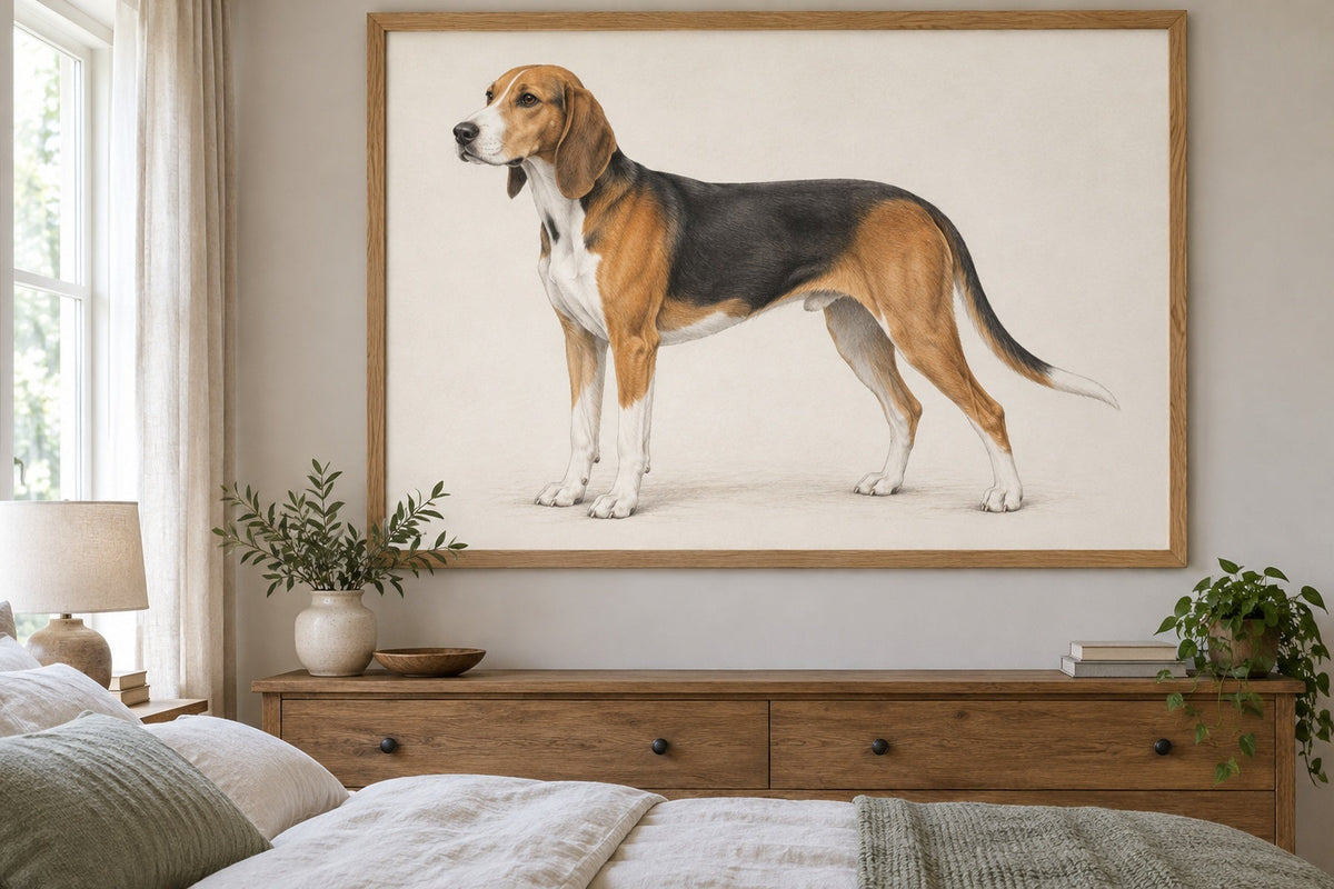 Finnischer Laufhund als Wandbild im Stil Minimal, feine Farbzeichnung, Raum: sandfarbenes Schlafzimmer