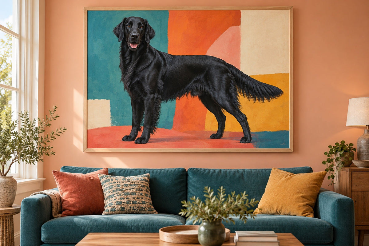 Flat Coated Retriever als Wandbild im Stil Pop-Art, Raum: pfirsichfarbenes Wohnzimmer mit petrolfarbenem Sofa