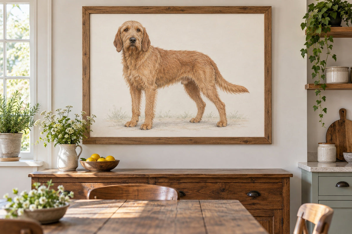 Griffon Fauve de Bretagne als Wandbild im Stil Minimal, feine Farbzeichnung, Raum: helle Landhausküche