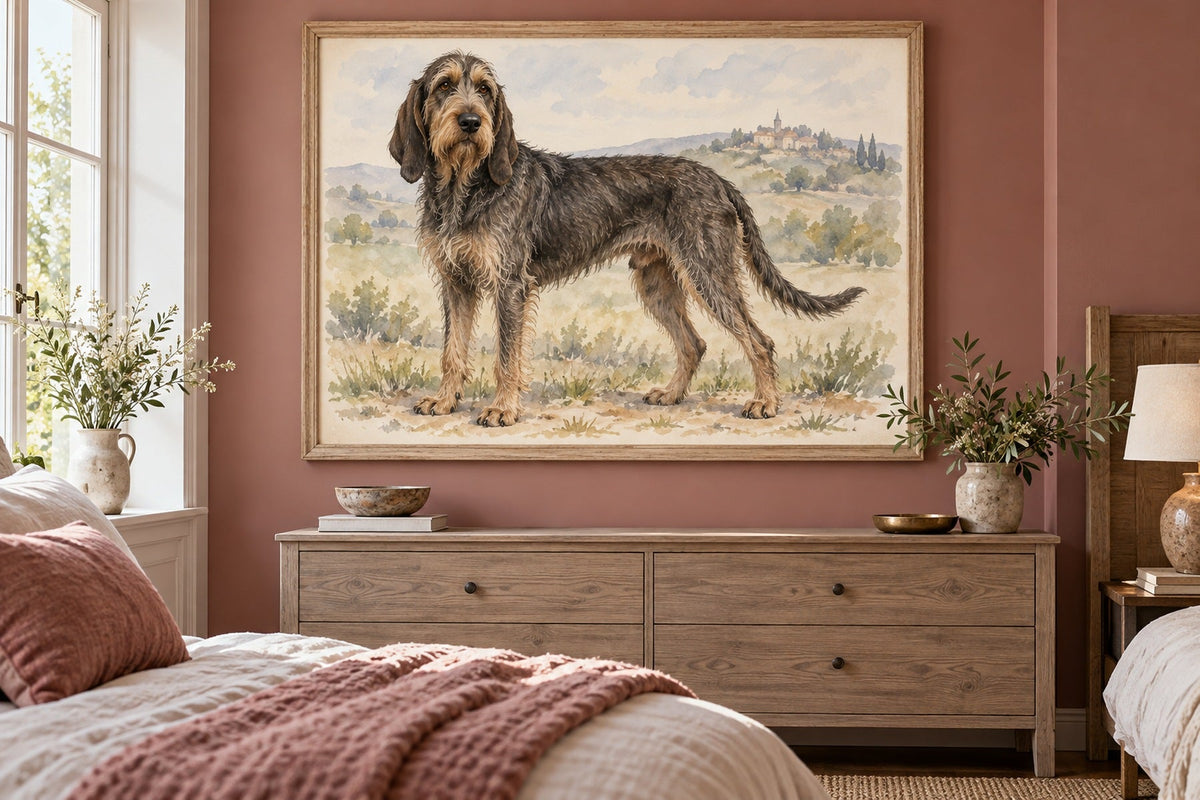 Griffon Nivernais als Wandbild im Stil Aquarell, Raum: altrosafarbenes Schlafzimmer