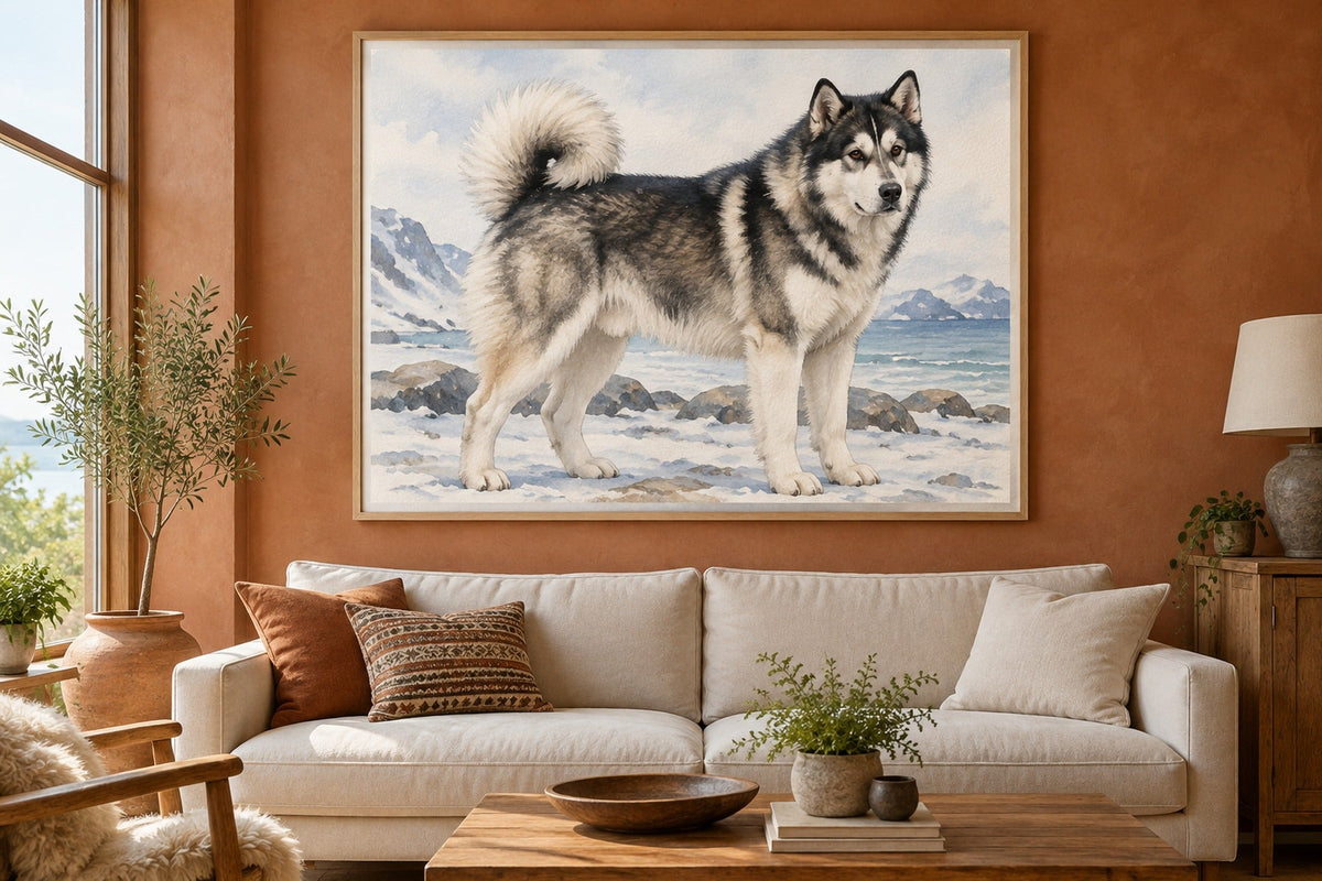 Grönlandhund als Wandbild im Stil Aquarell, Raum: terrakottafarbenes Wohnzimmer
