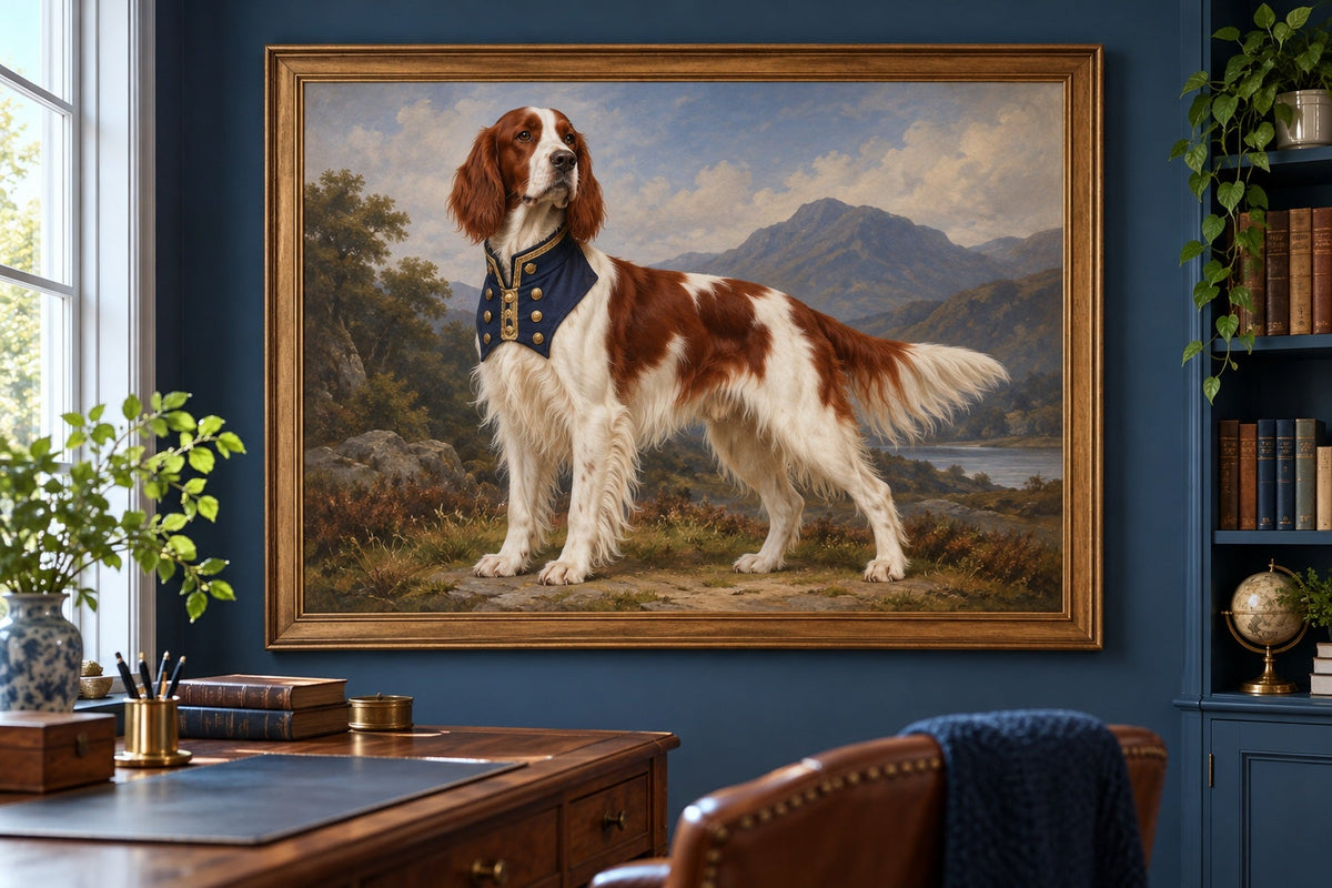 Irish Red and White Setter als Wandbild im Stil Royal mit kurzer Uniform, Raum: blaues Arbeitszimmer