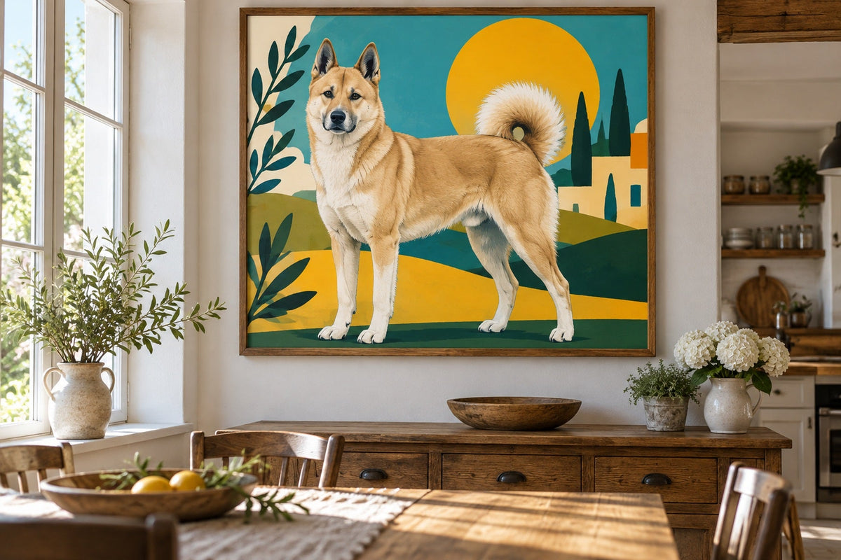Kanaan-Hund als Wandbild im Stil Pop-Art, Raum: helle Landhausküche