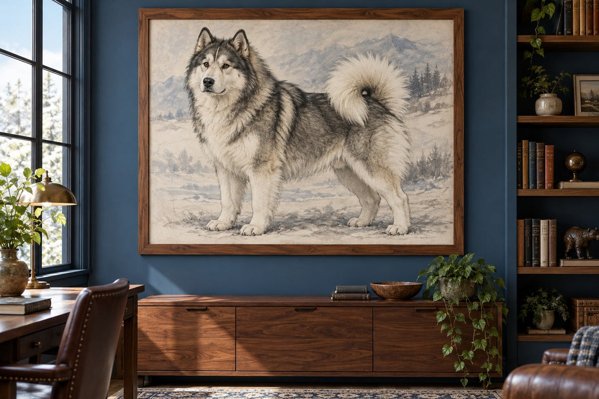 Kanadischer Eskimohund als Wandbild im Stil Kohle-Sketch, Raum: blaues Arbeitszimmer