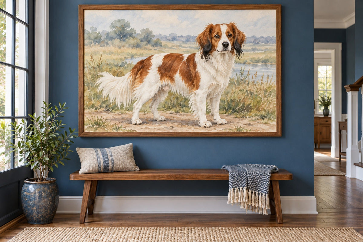 Kooikerhondje als Wandbild im Stil Aquarell, Raum: blauer Flur