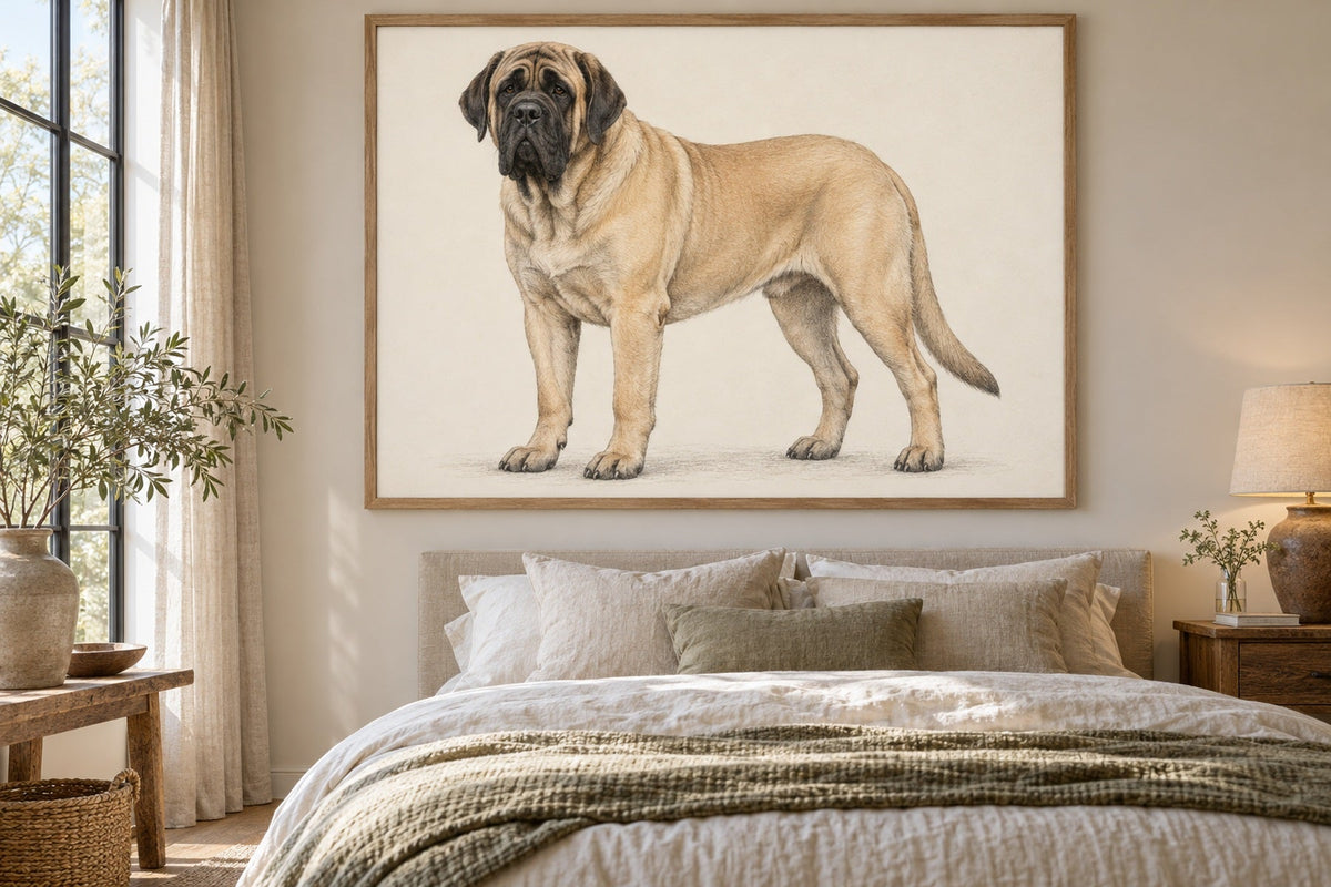 Mastiff als Wandbild im Stil Minimal, feine Farbzeichnung, Raum: sandfarbenes Schlafzimmer