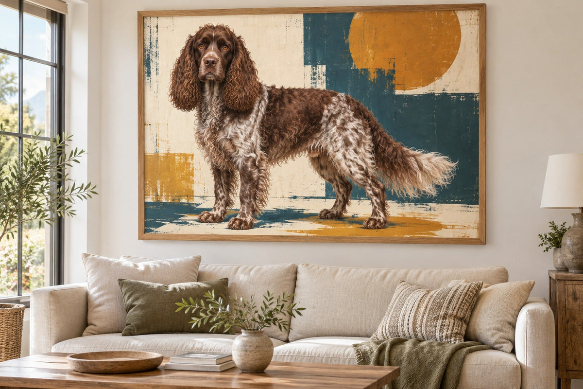 Pont-Audemer-Spaniel als Wandbild im Stil Pop-Art, Raum: cremefarbenes Wohnzimmer