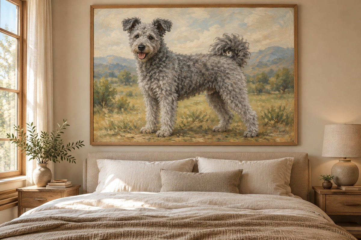 Pumi als Wandbild im Stil Ölgemälde, Raum: sandfarbenes Schlafzimmer