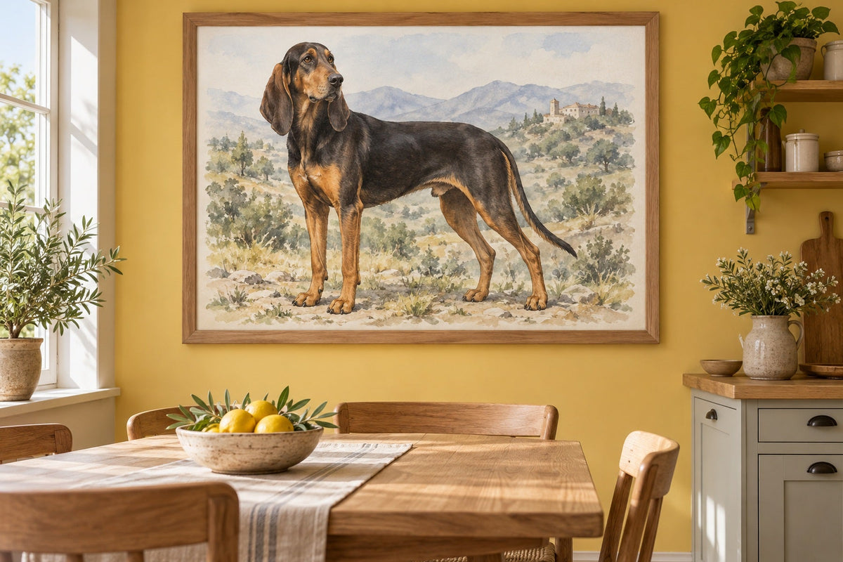 Segugio dell'Appennino als Wandbild im Stil Aquarell, Raum: gelbe Wohnküche