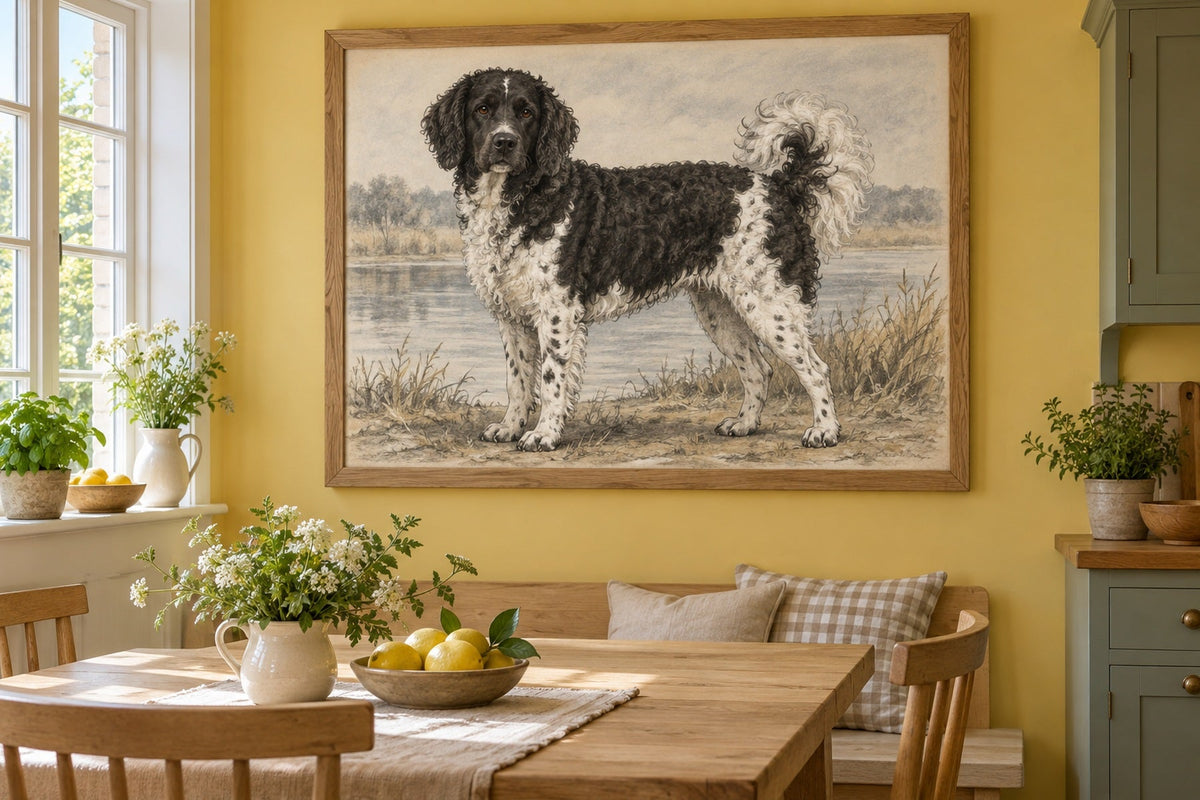 Wetterhoun (Friesischer Wasserhund) als Wandbild im Stil Kohle-Sketch, Raum: gelbe Wohnküche