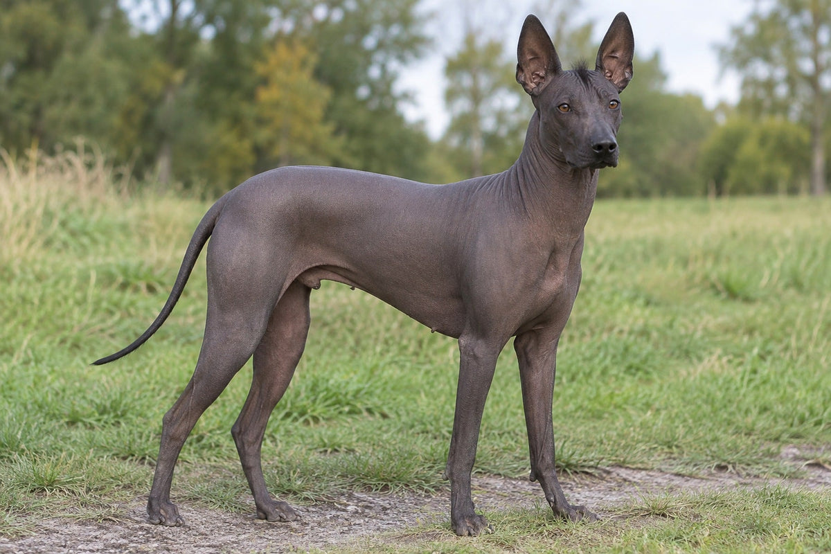 Xoloitzcuintle, haarlos und schiefergrau, auf einer Wiese