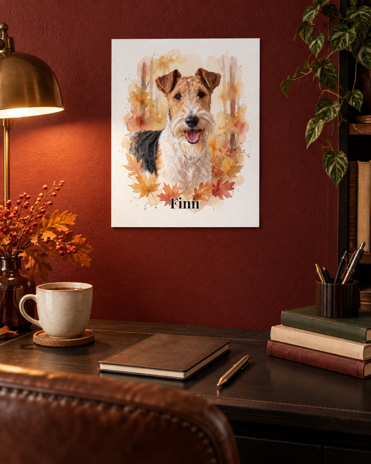 Drahthaar-Foxterrier im Aquarell-Stil als Poster über einem Schreibtisch