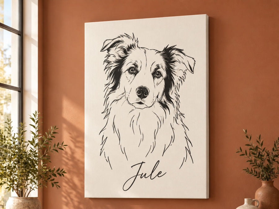 Wandbild auf Leinwand mit Border Collie als Minimal-Linienzeichnung und Namen Jule an der Wohnzimmerwand