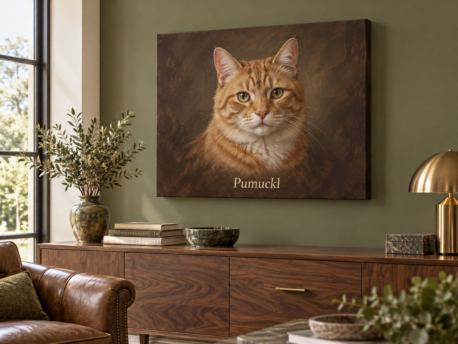 Querformat Wandbild eines roten Katers als dunkles klassisches Ölgemälde mit dem Namen Pumuckl über einem Sideboard