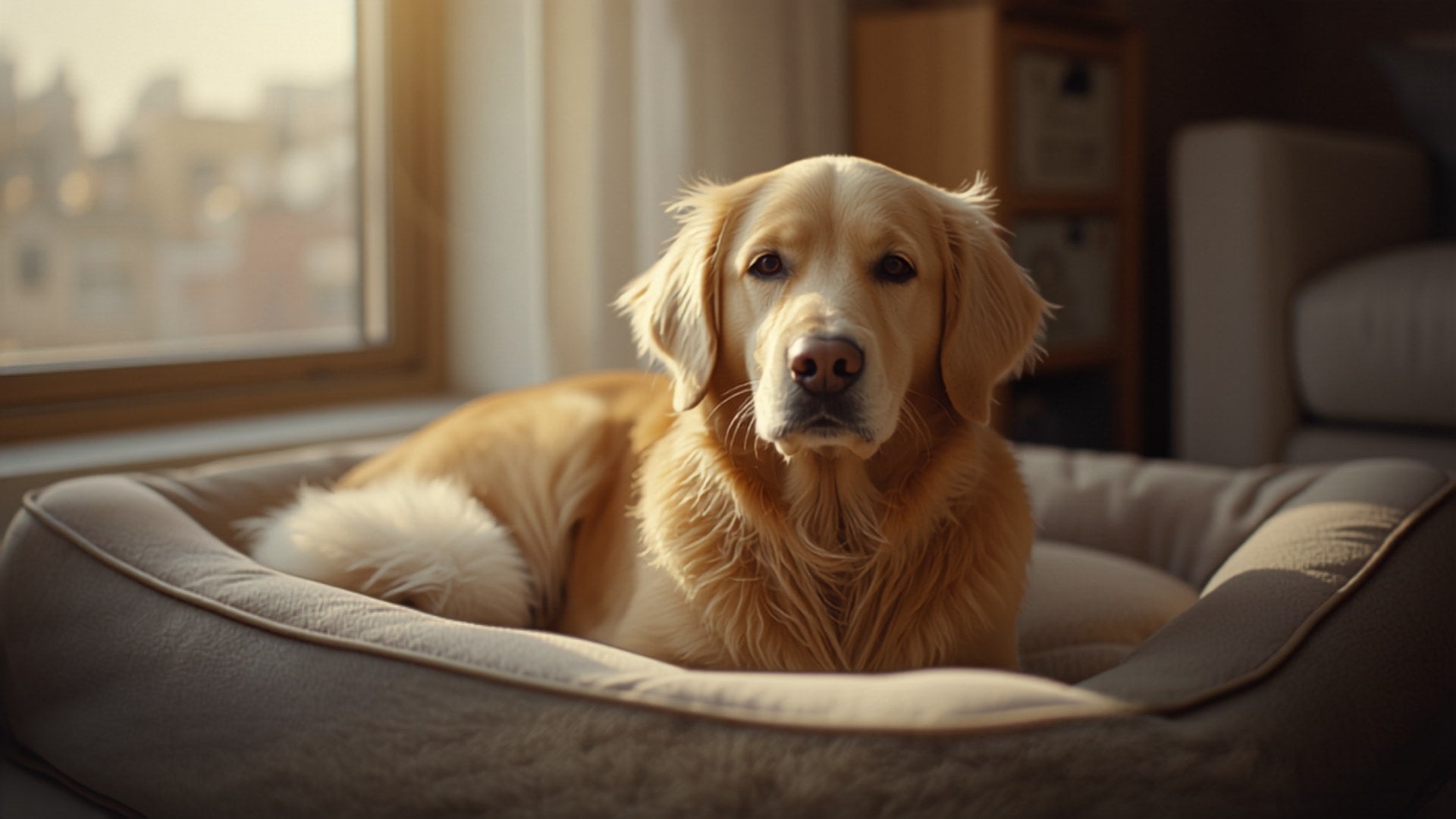 Alter Golden Retriever im Hundebett am Fenster