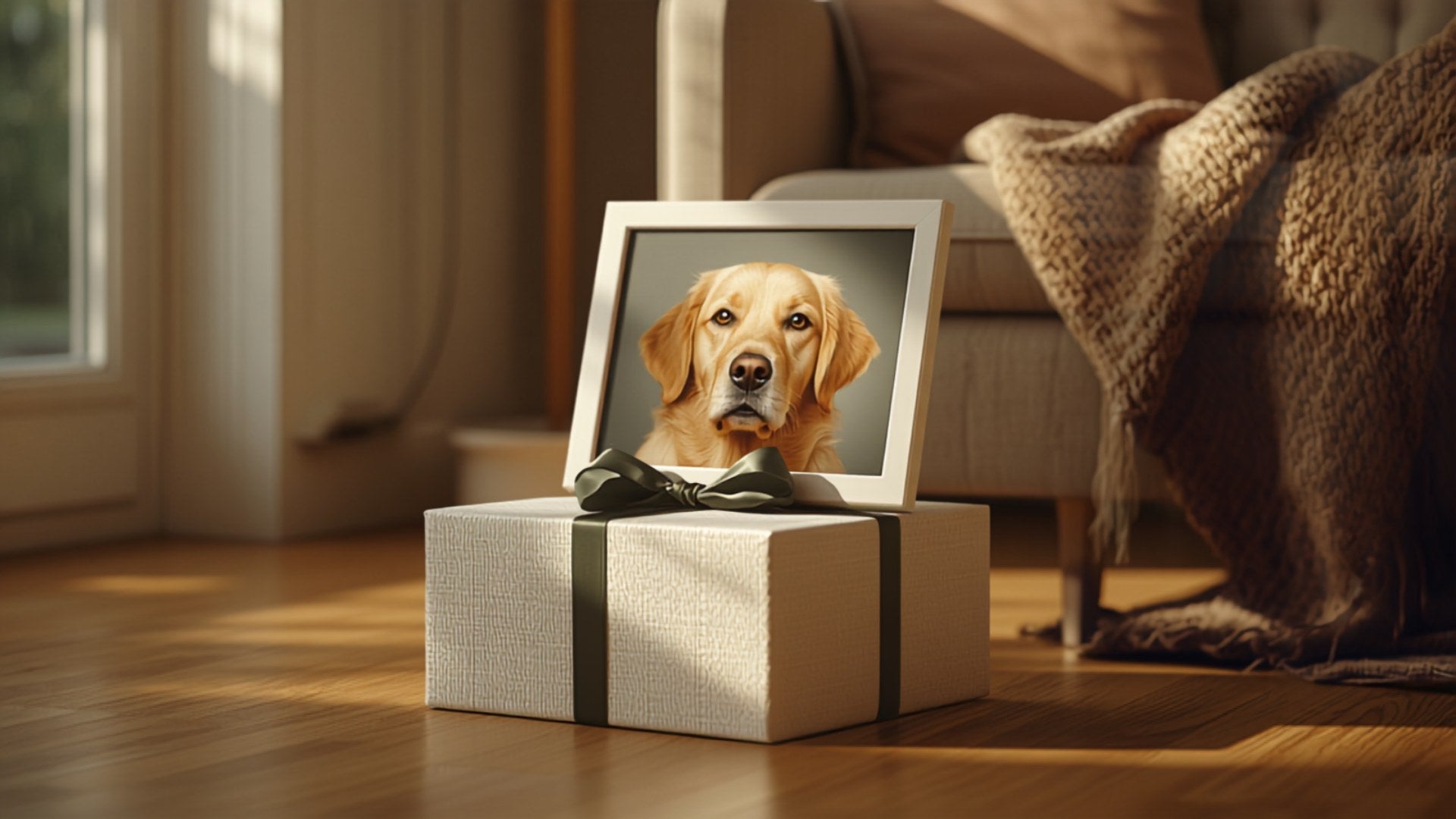Eingepacktes Geschenk mit gerahmtem Tierportrait im gemütlichen Wohnzimmer