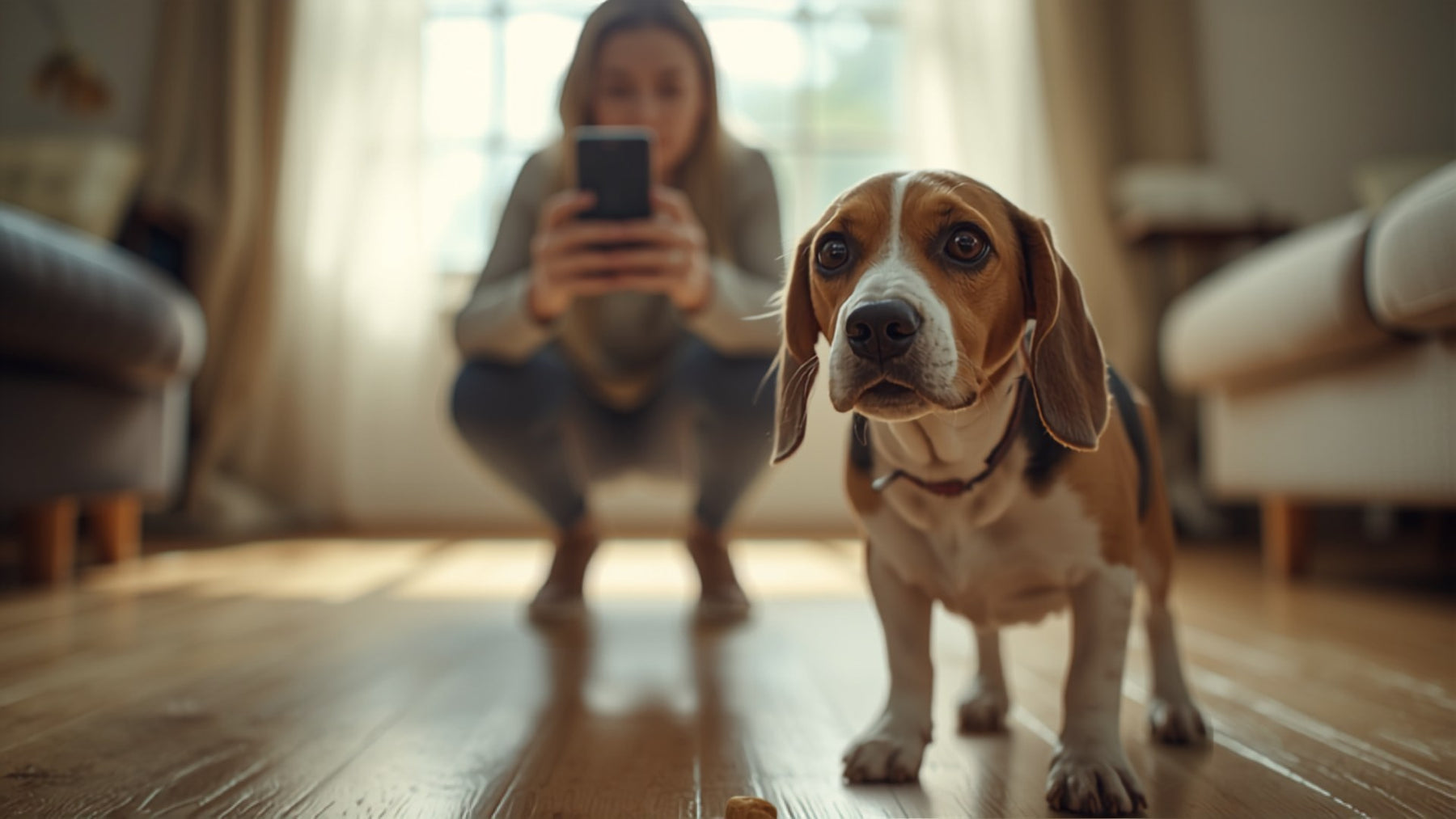 Beagle wird auf Augenhöhe mit dem Handy fotografiert