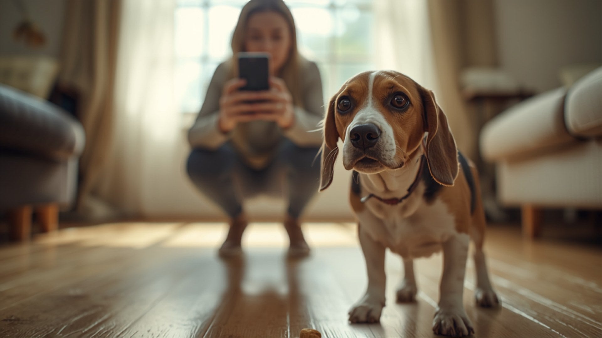 Beagle wird auf Augenhöhe mit dem Handy fotografiert