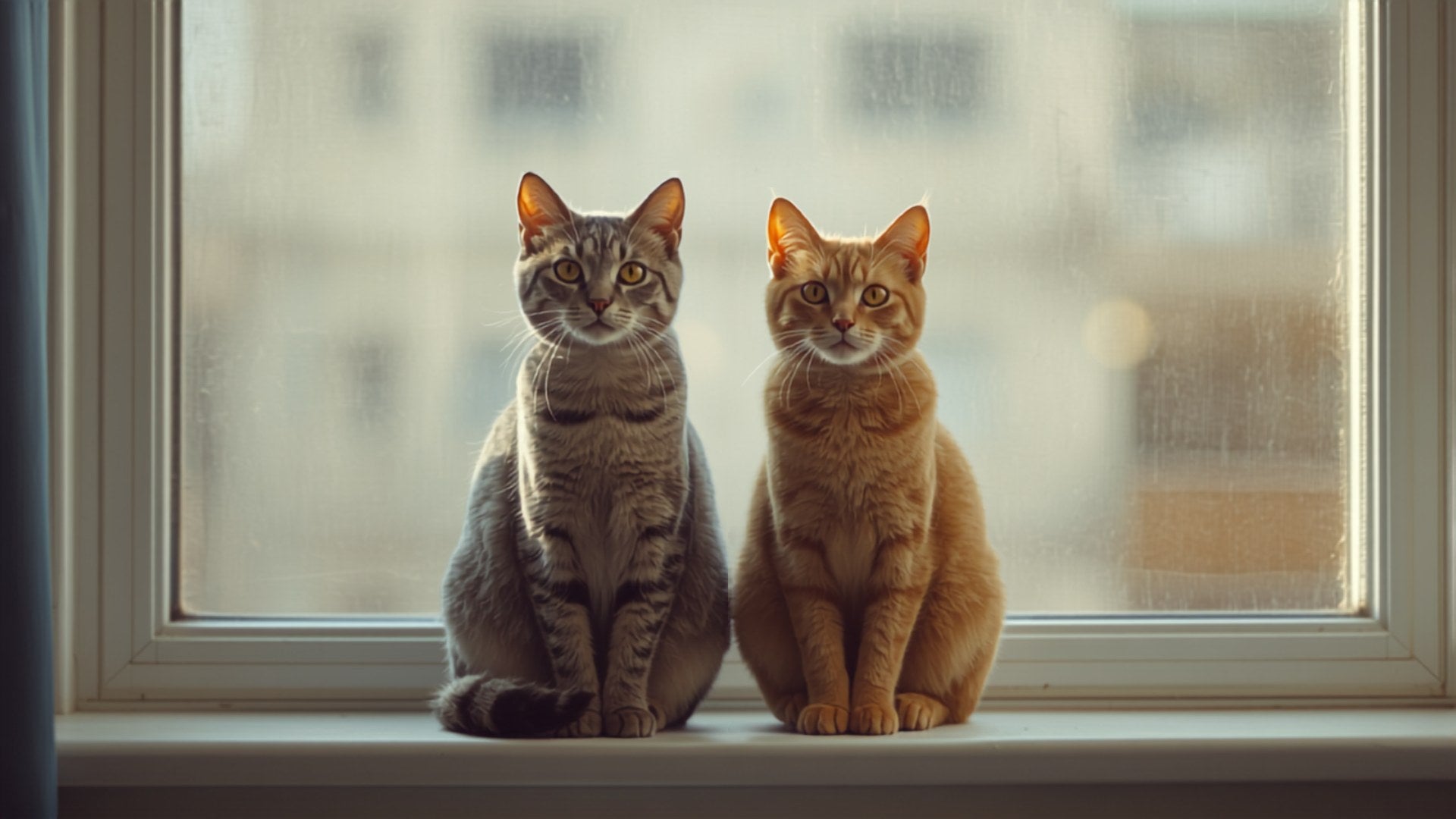 Zwei Katzen nebeneinander auf der Fensterbank