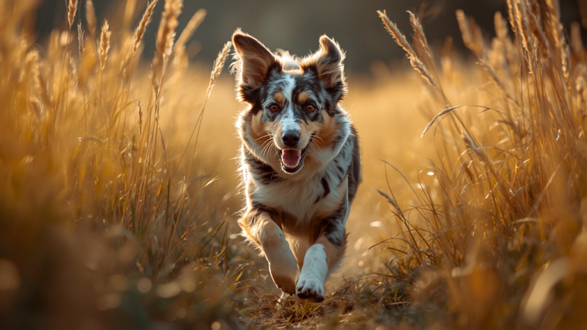 Australian Shepherd rennt durch hohes Gras