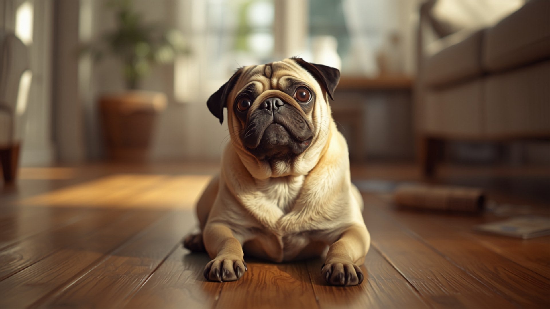 Mops auf Holzboden im Wohnzimmer
