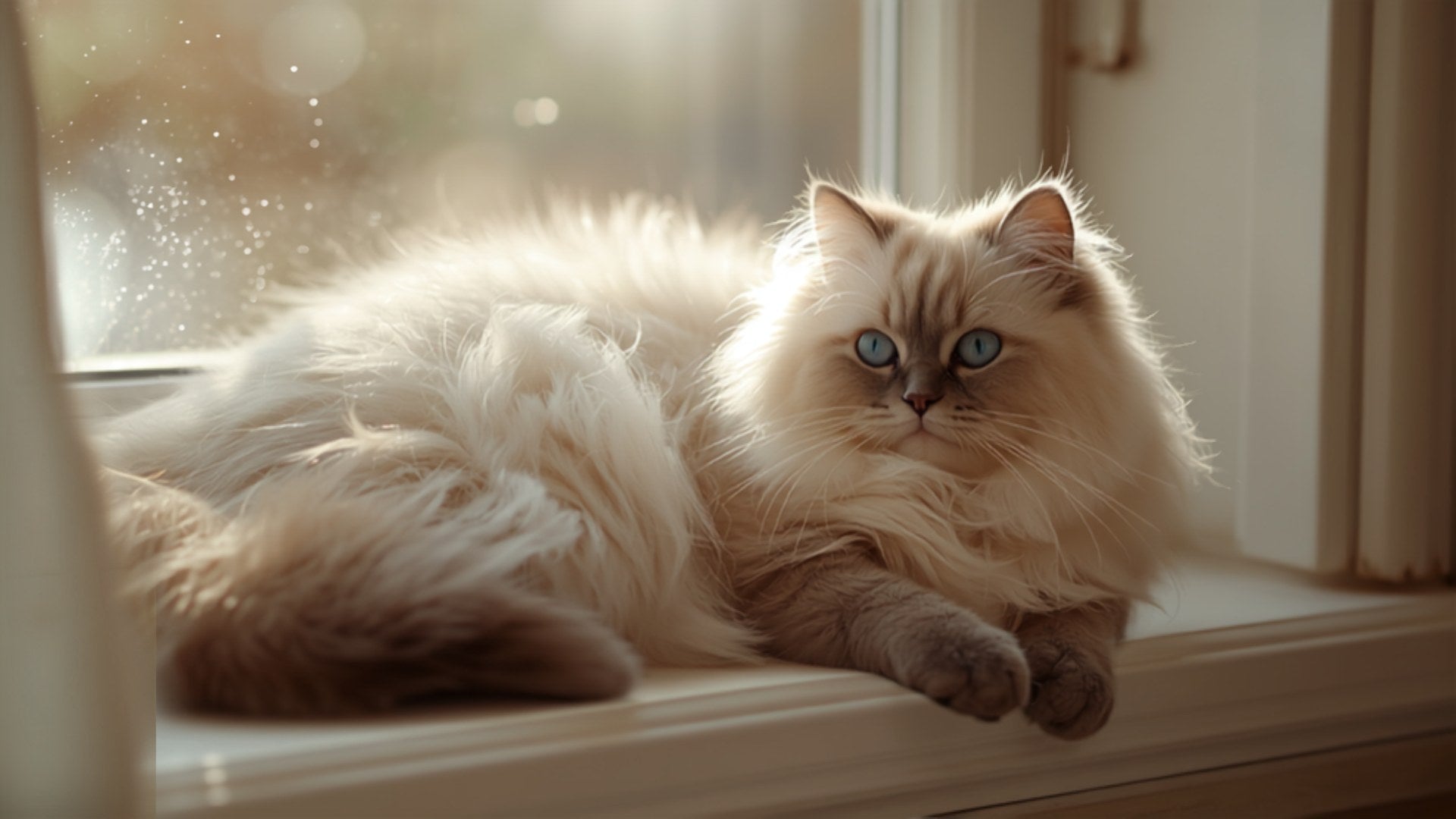 Ragdoll-Katze mit blauen Augen entspannt auf einer sonnigen Fensterbank