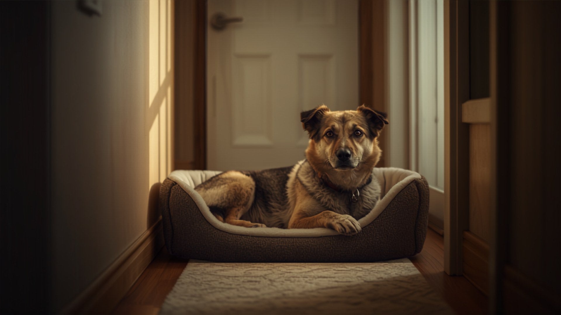 Hund wartet entspannt neben der Wohnungstür