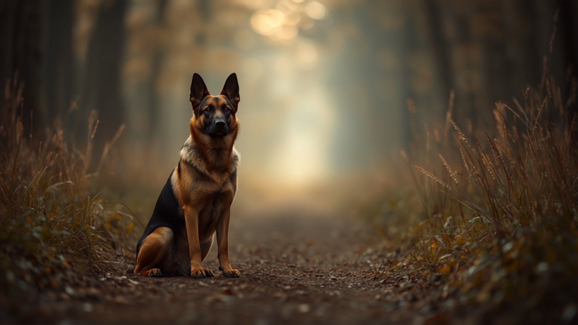 Deutscher Schäferhund auf einem Waldweg