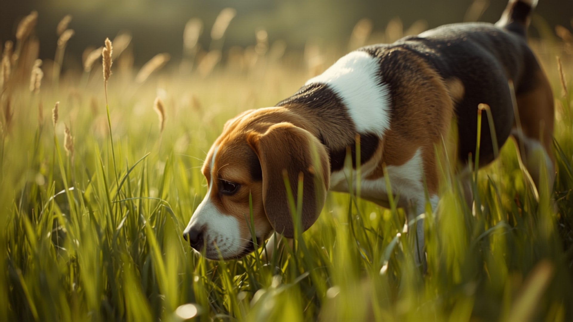 Beagle schnüffelt im hohen Gras