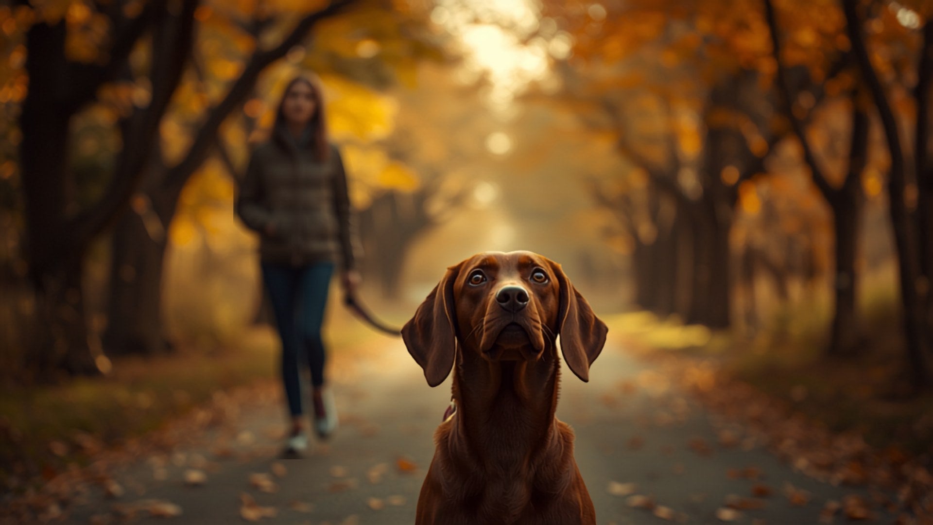 Vizsla an lockerer Leine im Herbstwald