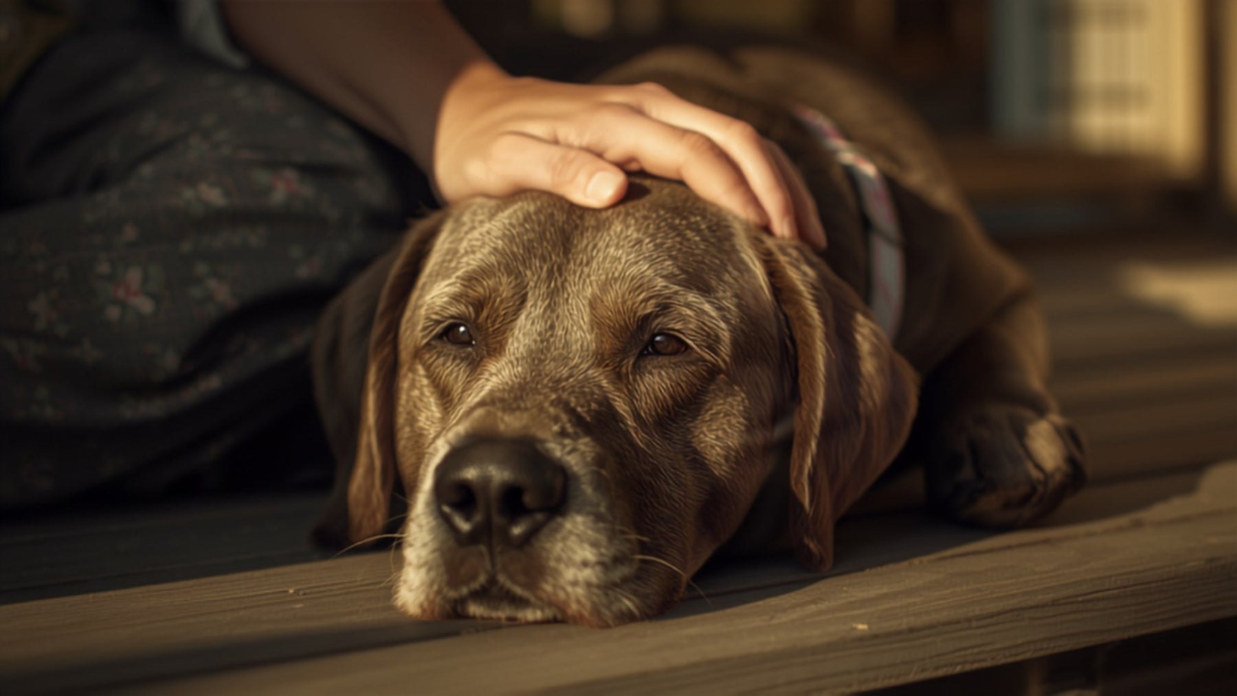 Alter Labrador mit Hand auf dem Kopf