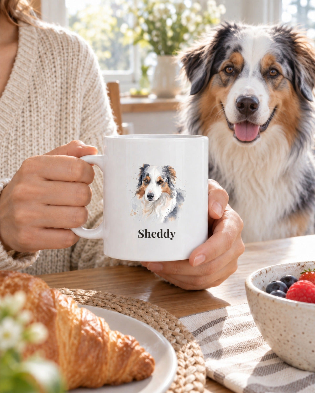 Hände halten eine Tasse mit Australian Shepherd Sheddy im Aquarellstil, dahinter schaut Sheddy selbst zu