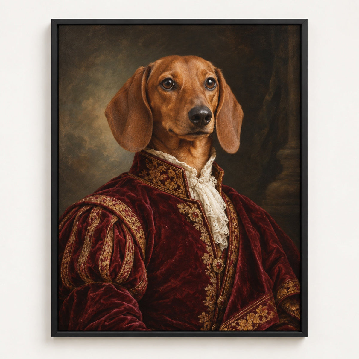 Hundporträtt av en tax i stilen Royal som poster med träram, format och ram styr priset