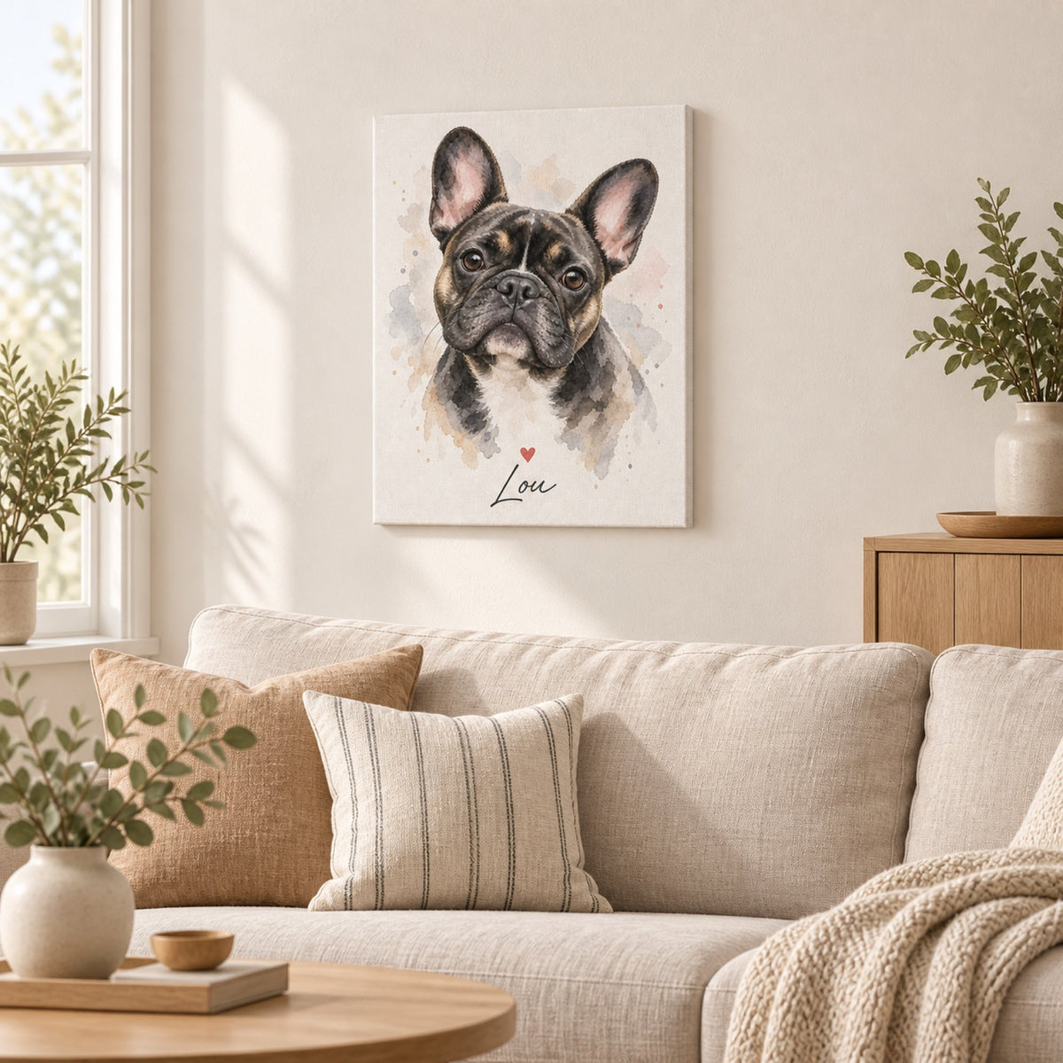 Tierportrait im Aquarellstil mit Herz auf Leinwand in einem ruhigen Wohnraum