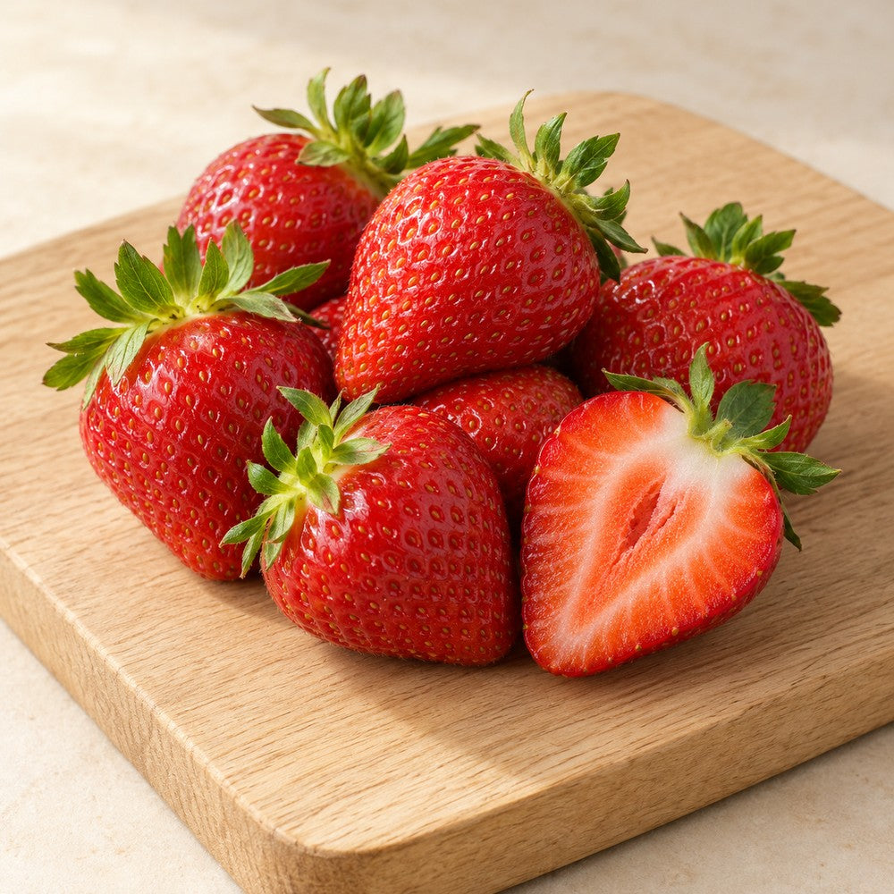 Erdbeeren auf einem hellen Holzbrett